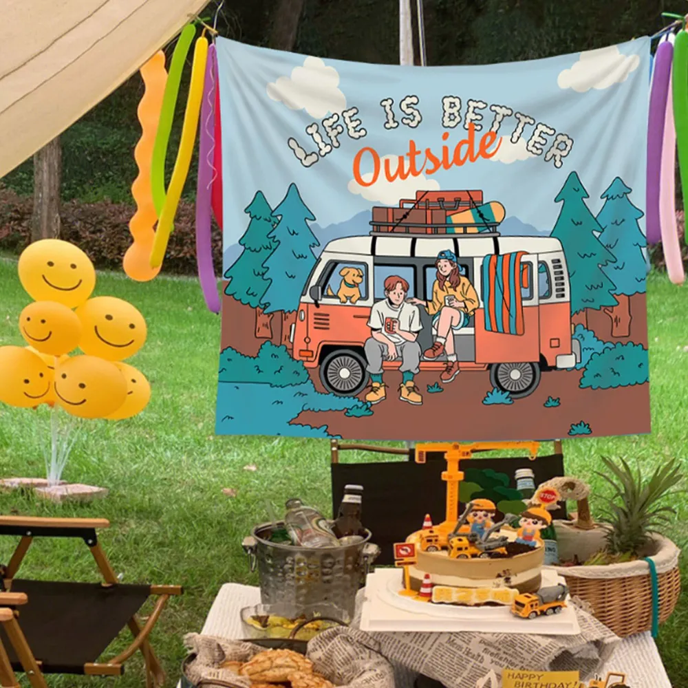 Retro Camper Van Tapestry, Out - Outdoor Adventure Background 评论和价格