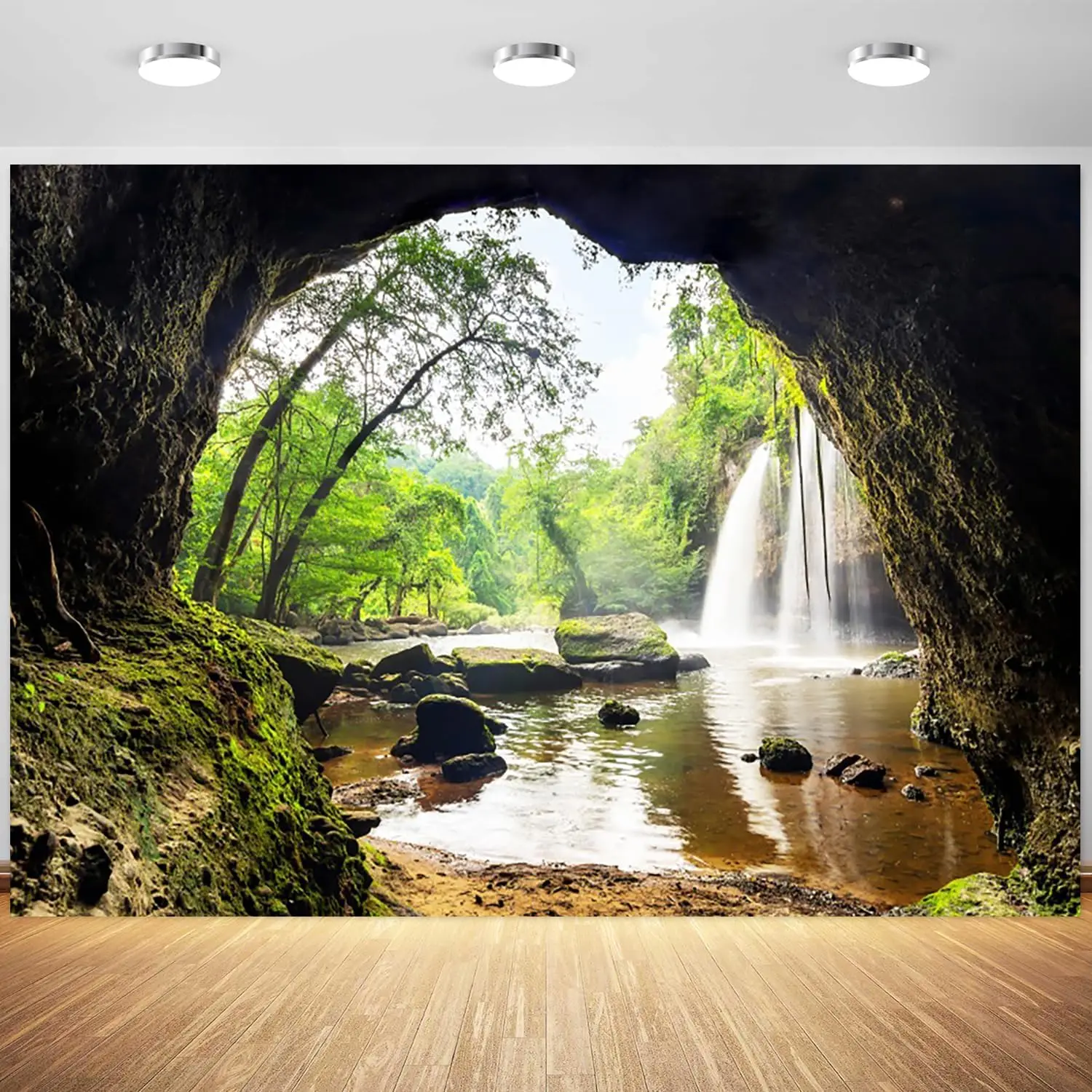 Forest Waterfall Mountain Cave - Outdoor Adventure Background 评论和价格